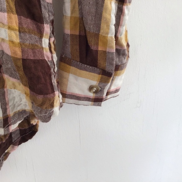 Jane & Delancey brown plaid wrinkled rayon open neck long sleeve tunic S -M NWT - Picture 3 of 7